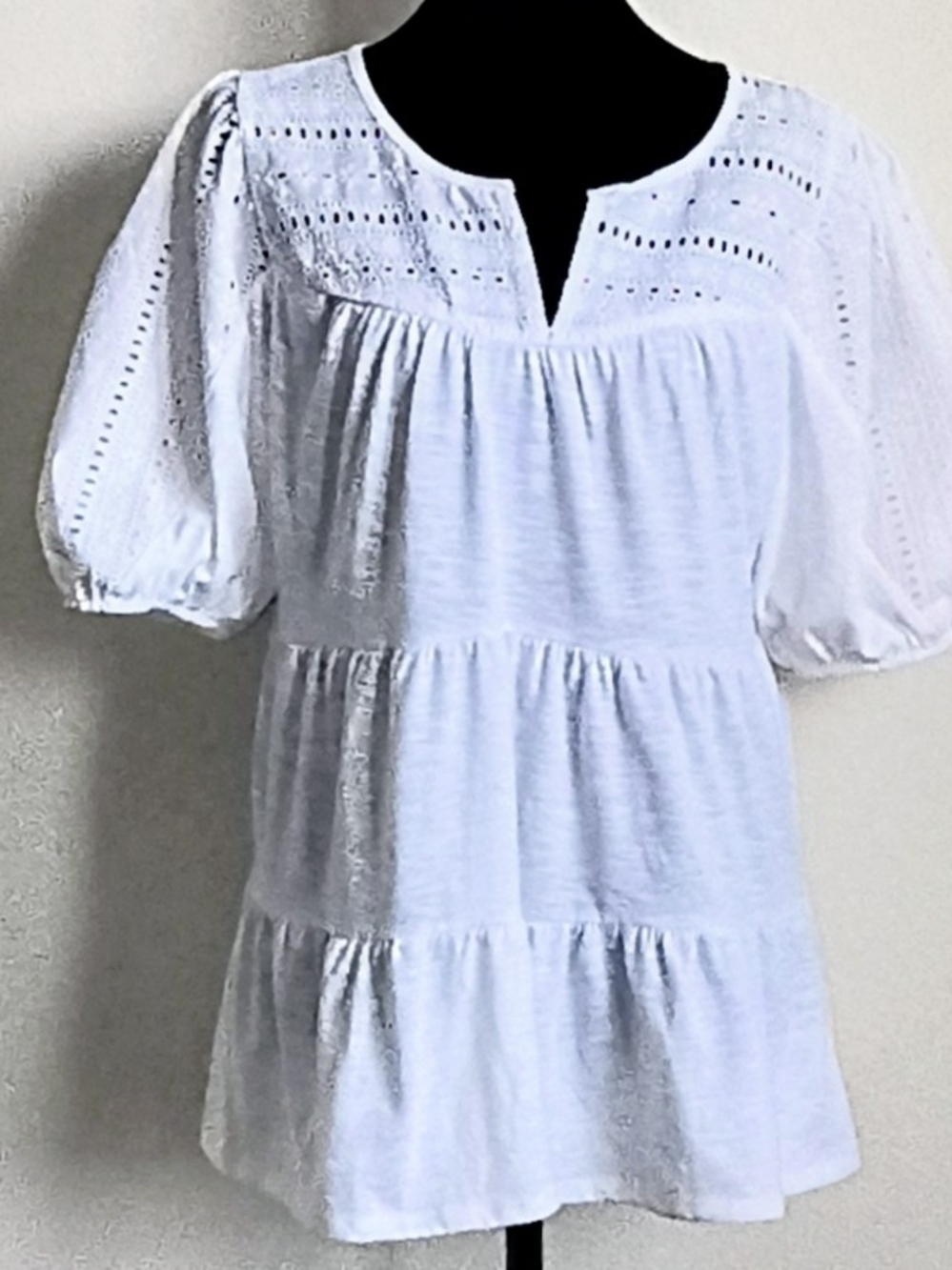 Cato White Eyelet Tiered Peasant Blouse